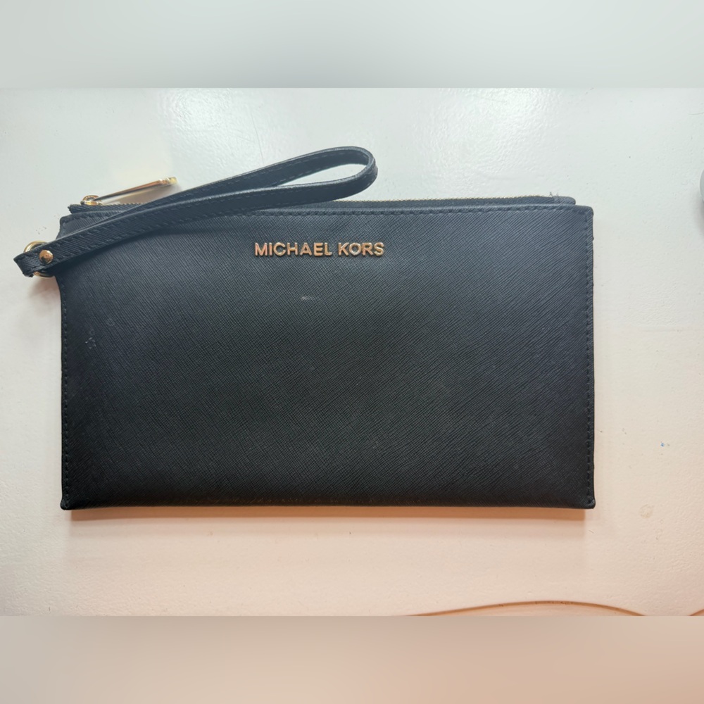 Michael Kors Black Leather Wristlet with Gold Hardware